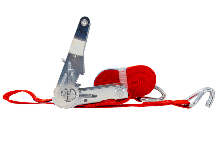 Set of four UNITRAILER transport belts with tensioner 4m/25mm/1t red